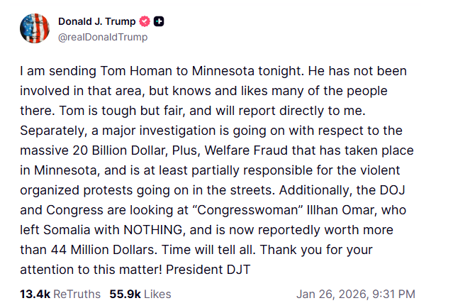 特朗普遣“邊境沙皇”霍曼赴明州處理槍擊事件