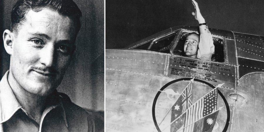 一幅拼贴作品,由两张黑白照片组成——左侧是一张肖像照,右侧是一位飞行员从机窗挥手致意,两人分别是 Roy Farrell 和 Sydney de Kantzow,他们於 1946 年执飞国泰航空的首航。